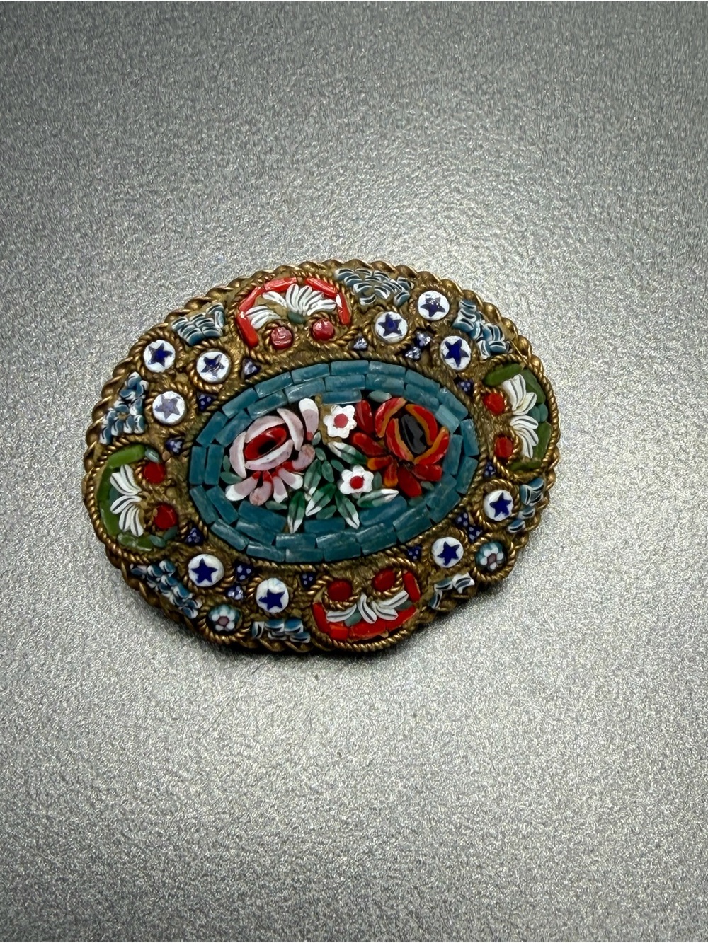 Vintage Floral Micro-Mosaic Brooch - Teal, Red & Gold